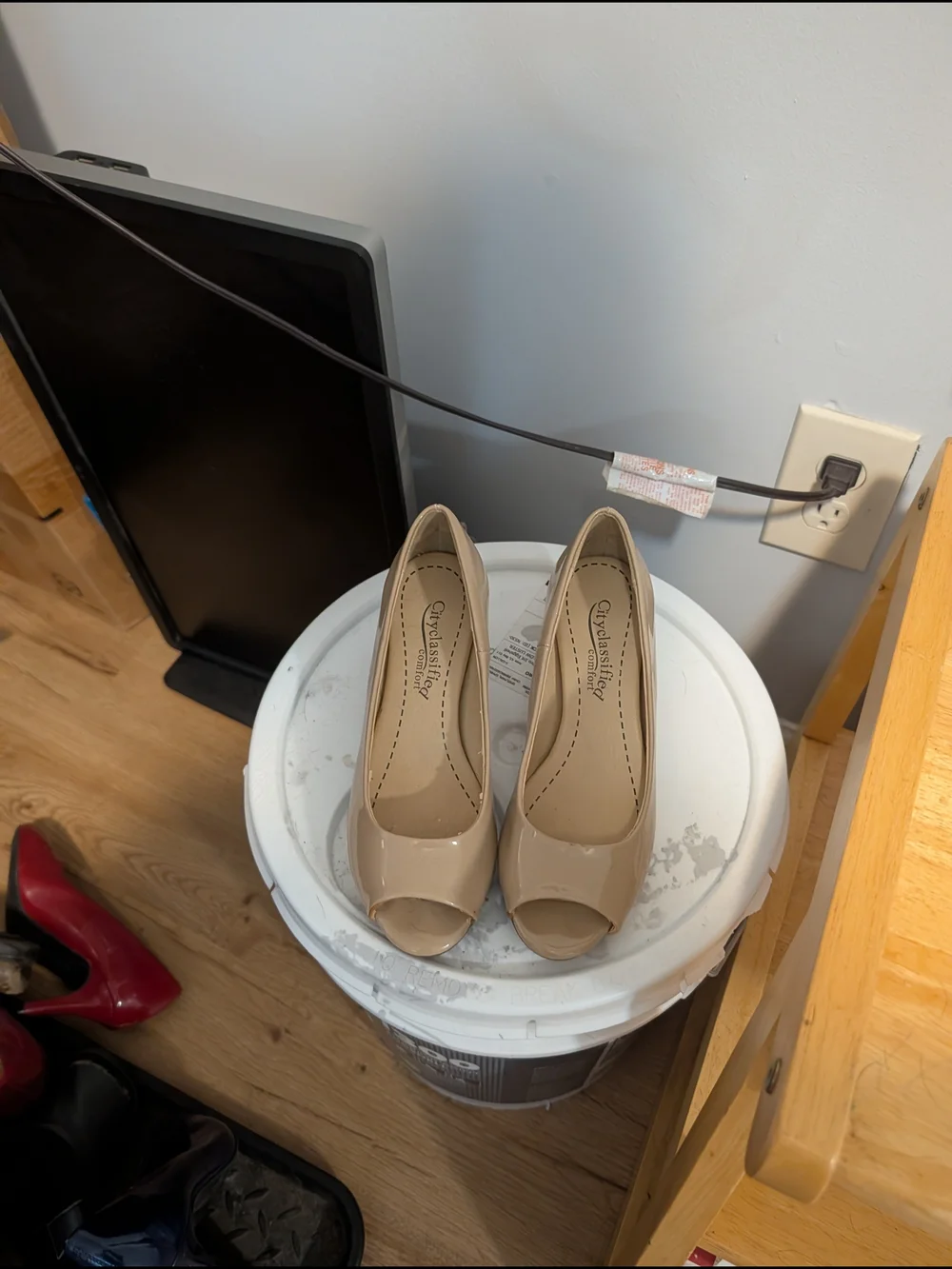 Cityclassified Beige Patent Peep-Toe Pumps